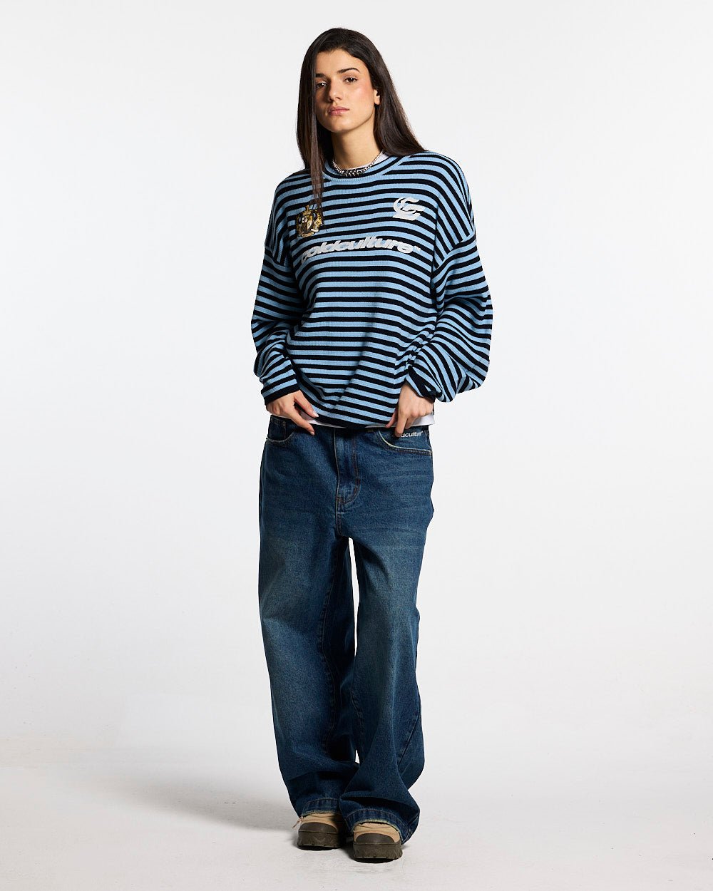 PHARREL LONGSLEEVE DARK & LIGHT BLUE - blue striped longsleeve tee, front view on female model - Cold Culture #woman