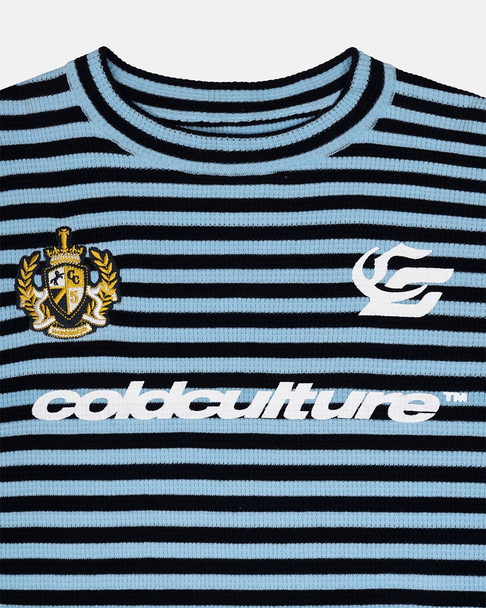 PHARREL LONGSLEEVE DARK & LIGHT BLUE - blue striped longsleeve tee, detail close-up - Cold Culture