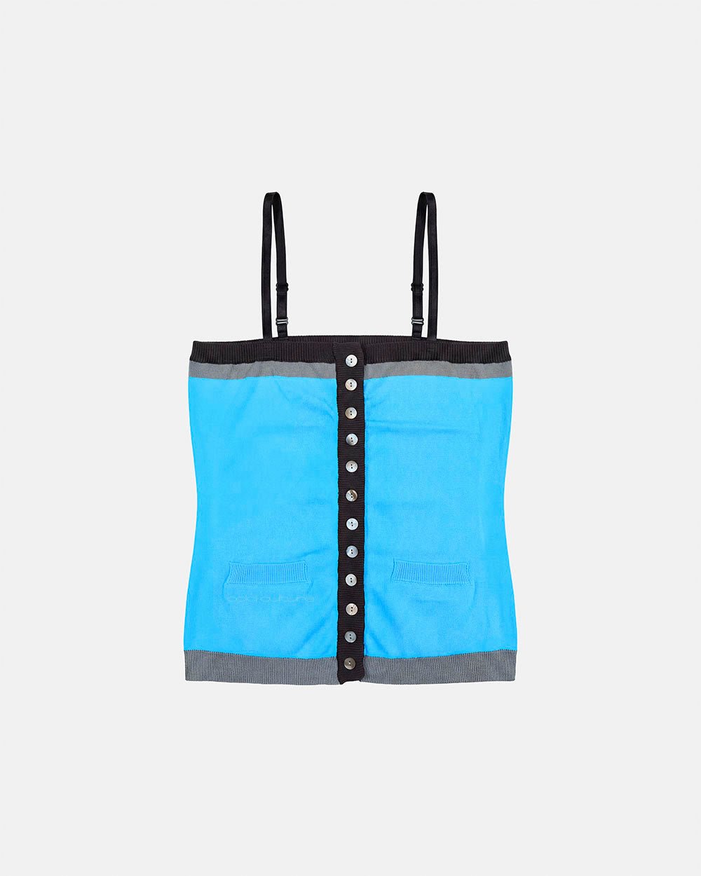 PIPE KNIT TOP BLUE - blue knit cami top, front view - Cold Culture #packshot