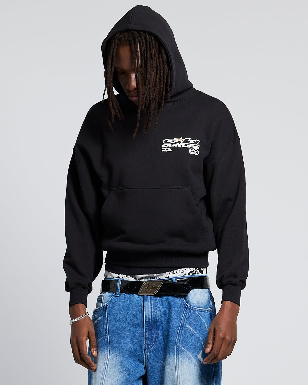 PLAYING WORLDWIDE HOODIE BLACK - black graphic print hoodie, front view on male model - Cold Culture #man