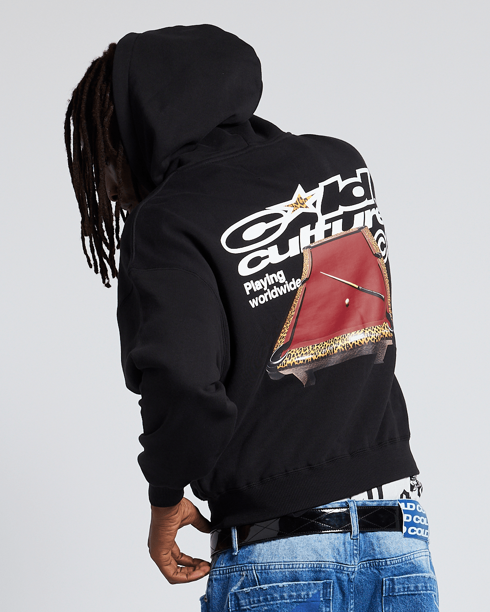PLAYING WORLDWIDE HOODIE BLACK - black graphic print hoodie, back view on male model - Cold Culture