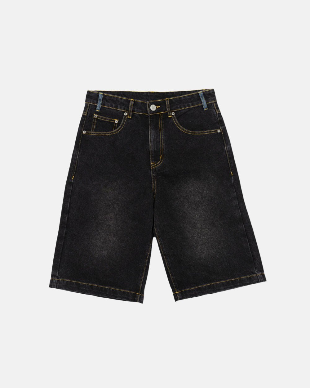 POCKET KO SHORTS BLACK DENIM - washed black denim shorts, front view - Cold Culture #packshot
