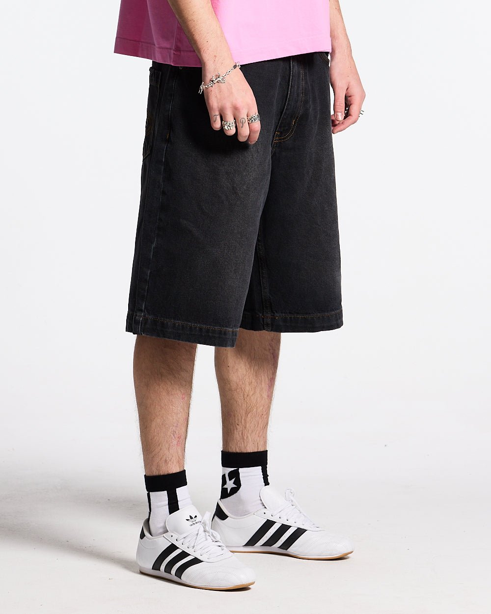 POCKET KO SHORTS BLACK DENIM - washed black denim shorts, side view - Cold Culture