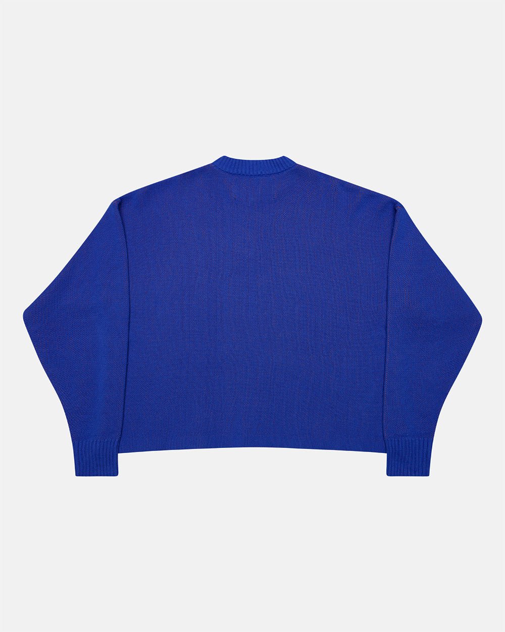 POISON KNIT BLUE AND ORANGE - blue graphic print knit sweater, back view - Cold Culture #packshot