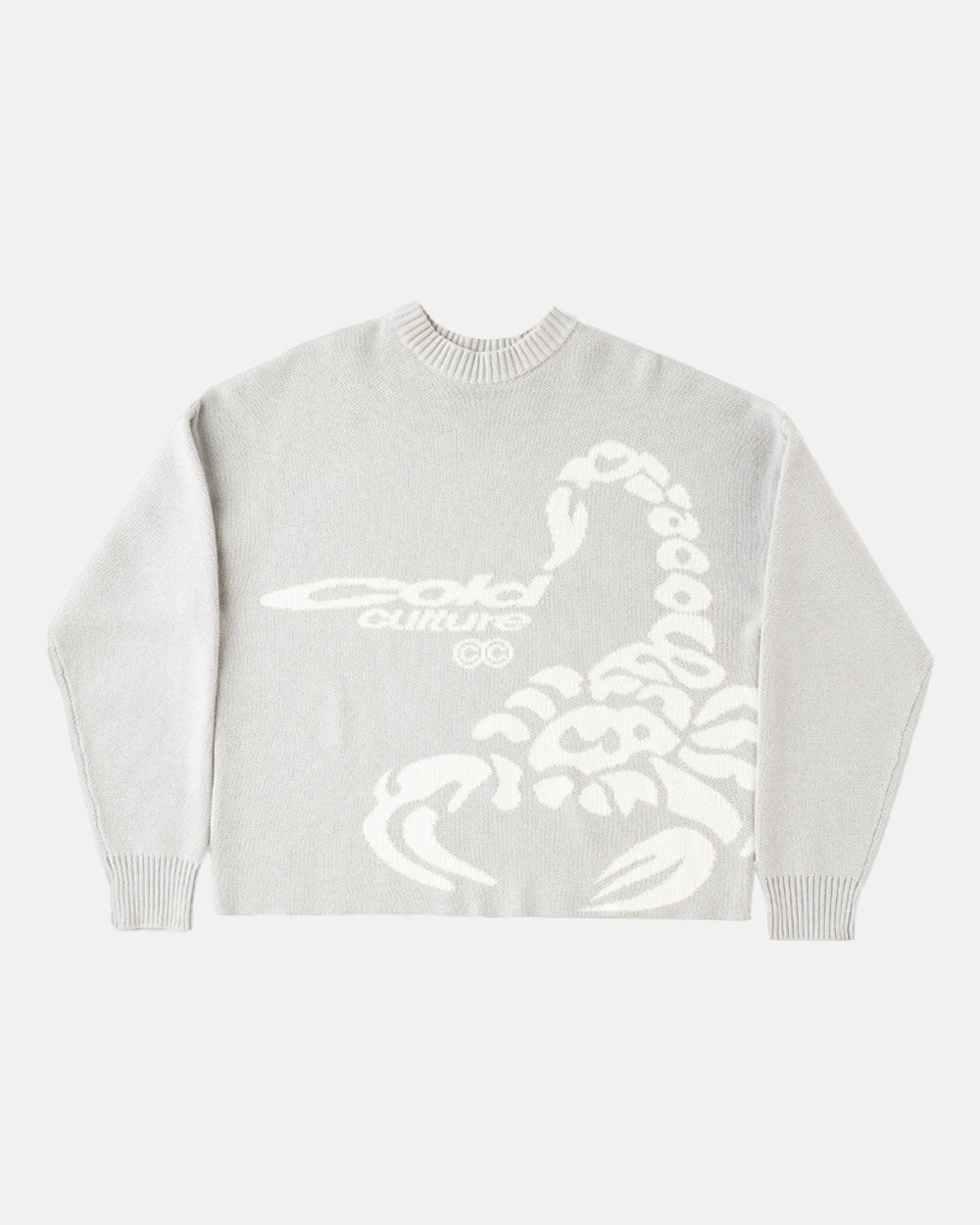 POISON KNIT COOL GREY - light grey scorpion knit sweater, front view - Cold Culture #packshot