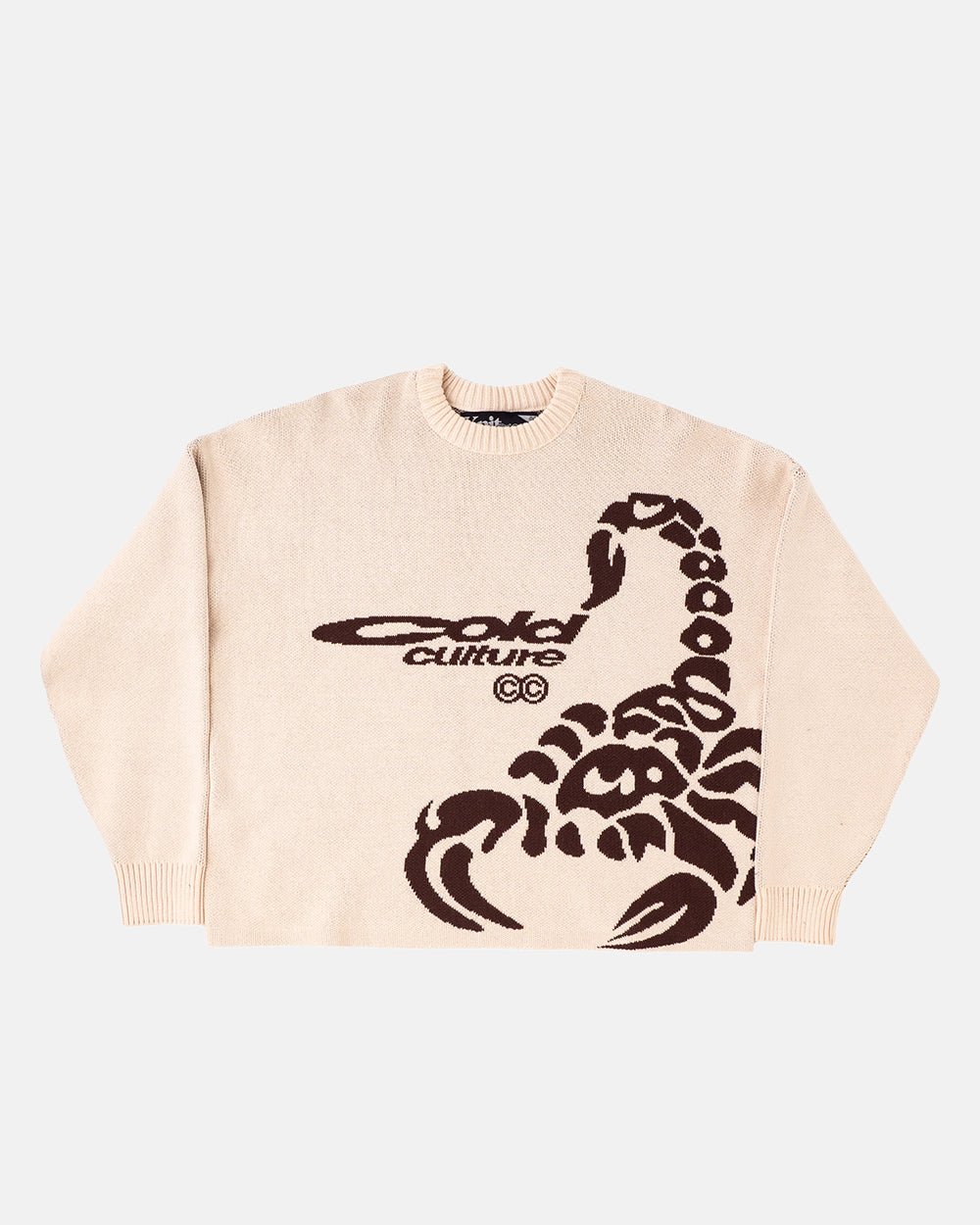 POISON KNIT CREAM AND BROWN - cream scorpion print knit sweater, front view - Cold Culture #packshot