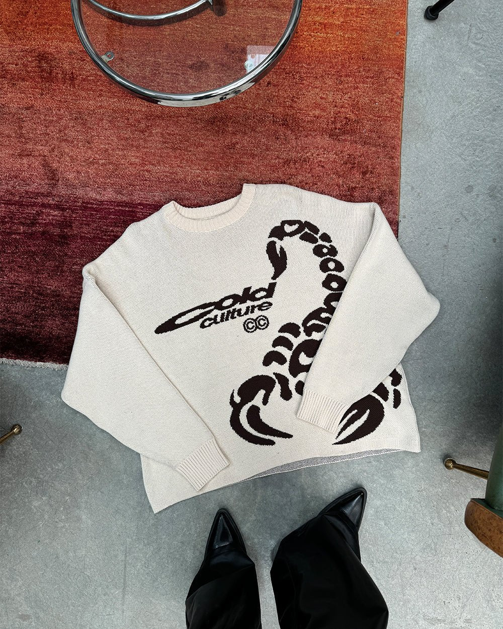 POISON KNIT CREAM AND BROWN - cream scorpion print knit sweater, flat lay - Cold Culture