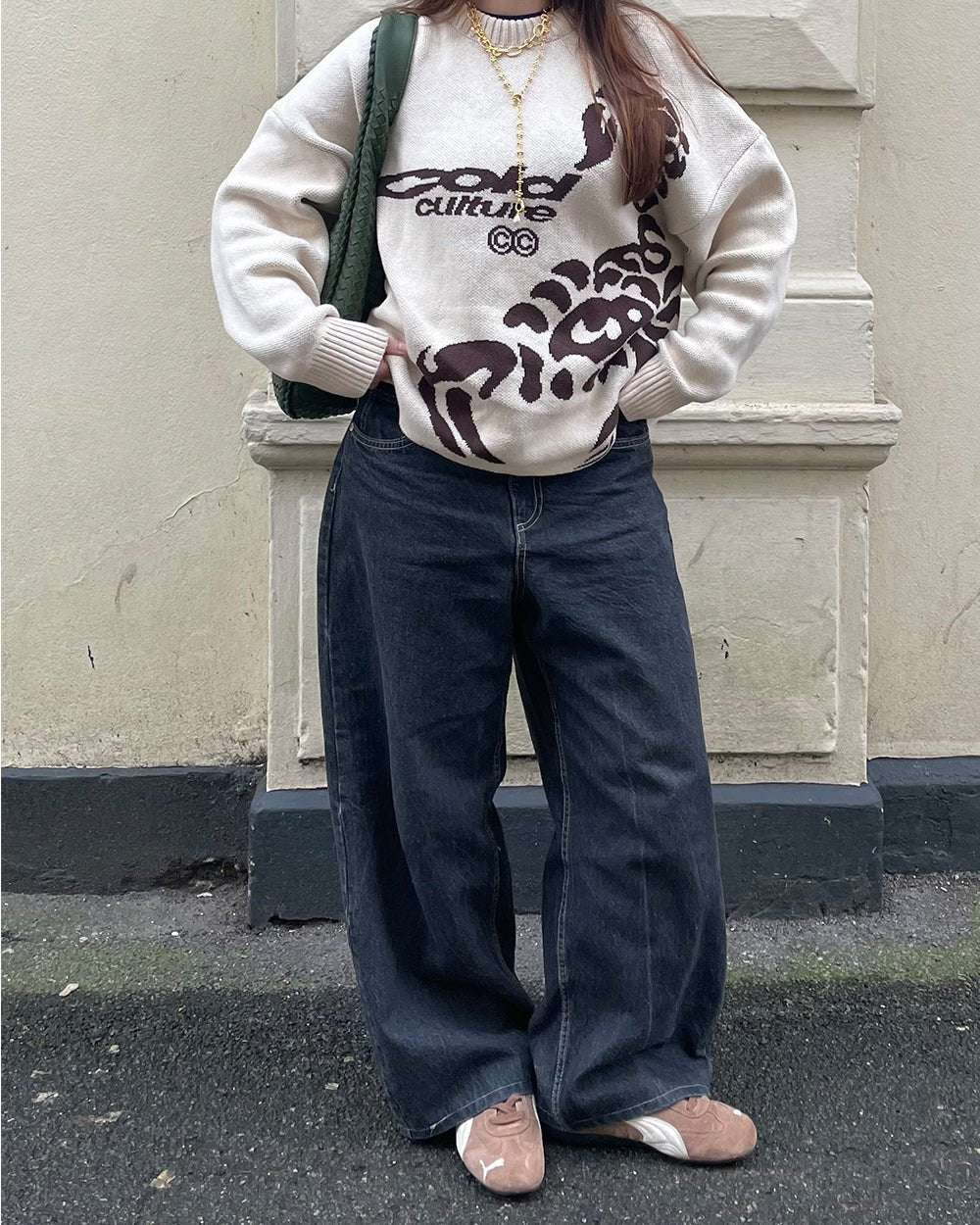 POISON KNIT CREAM AND BROWN - cream scorpion print knit sweater, street style shot - Cold Culture