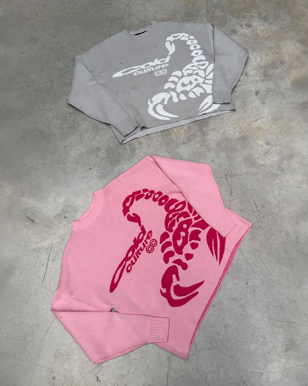 POISON KNIT PINK - pink scorpion print knit sweater, flat lay with matching pieces - Cold Culture