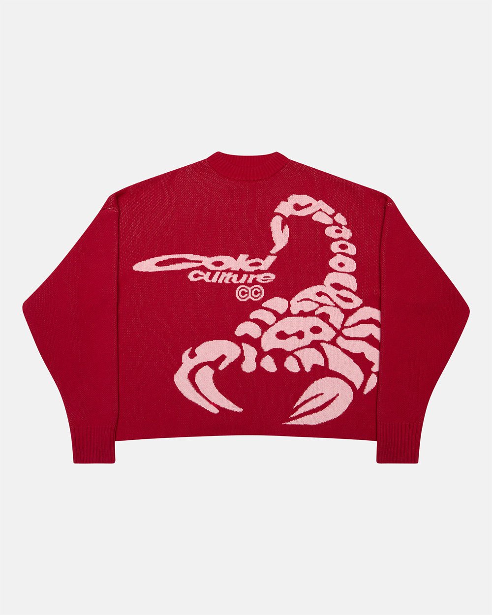 POISON KNIT RED AND SALMON - red graphic print knit sweater, front view - Cold Culture #packshot