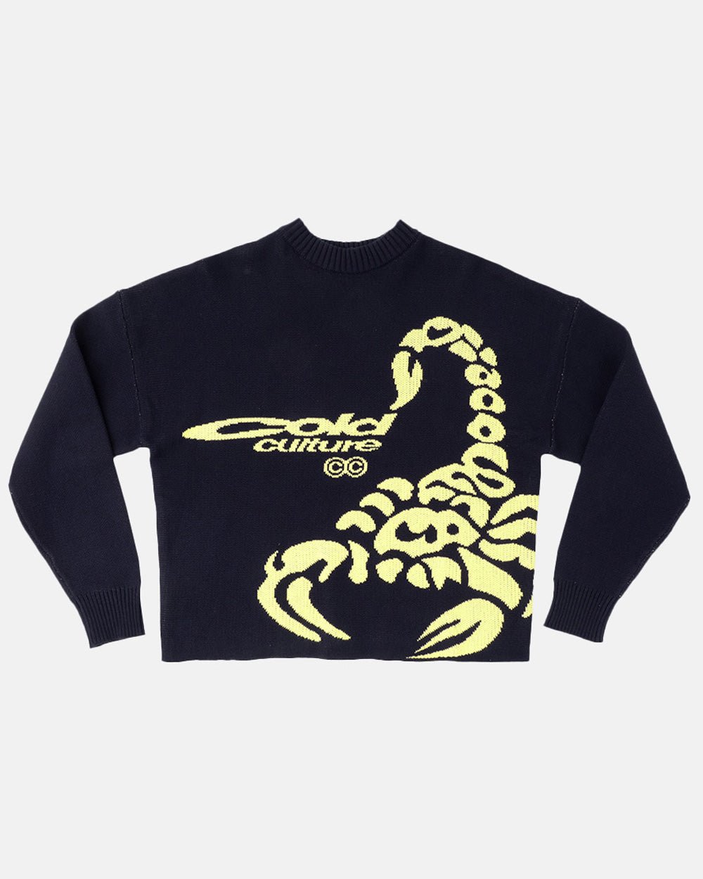 POISON KNITWEAR HEAVY BLUE - navy blue scorpion knit sweater, front view - Cold Culture #packshot