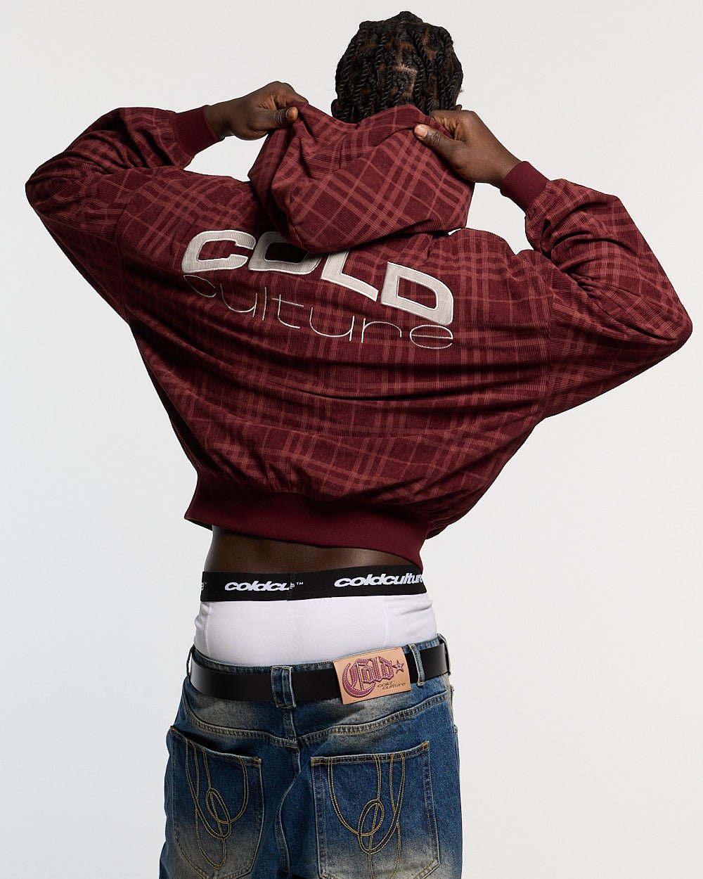 POSH ZIP HOODIE BURGUNDY - burgundy plaid zip-up hoodie, back view on male model - Cold Culture #man