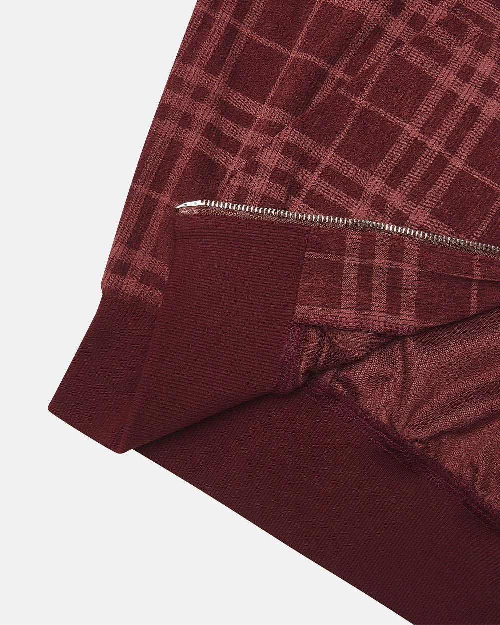 POSH ZIP HOODIE BURGUNDY - burgundy plaid zip-up hoodie, detail close-up - Cold Culture