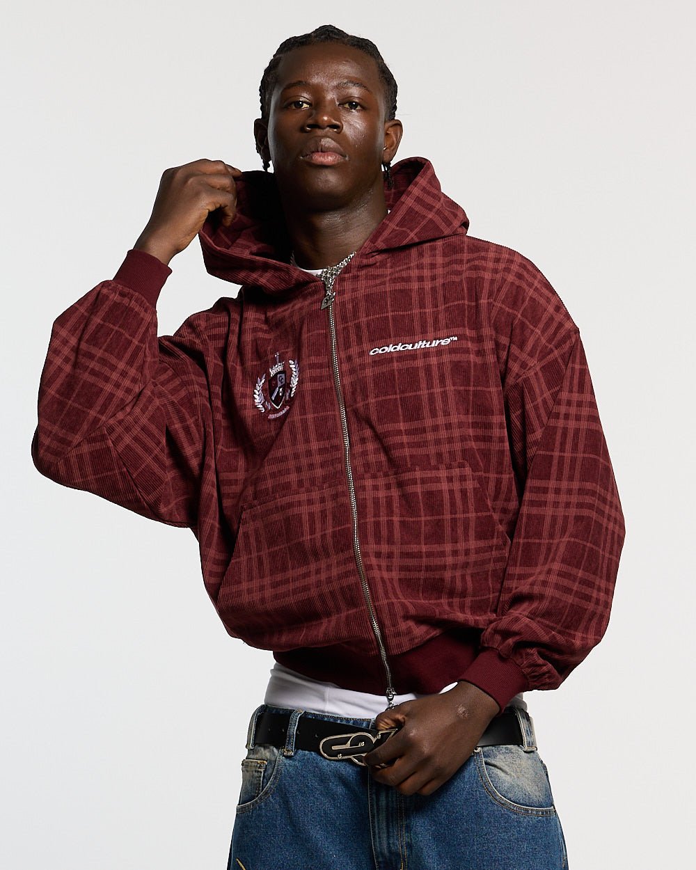 POSH ZIP HOODIE BURGUNDY - burgundy plaid zip-up hoodie, front view on male model - Cold Culture #man