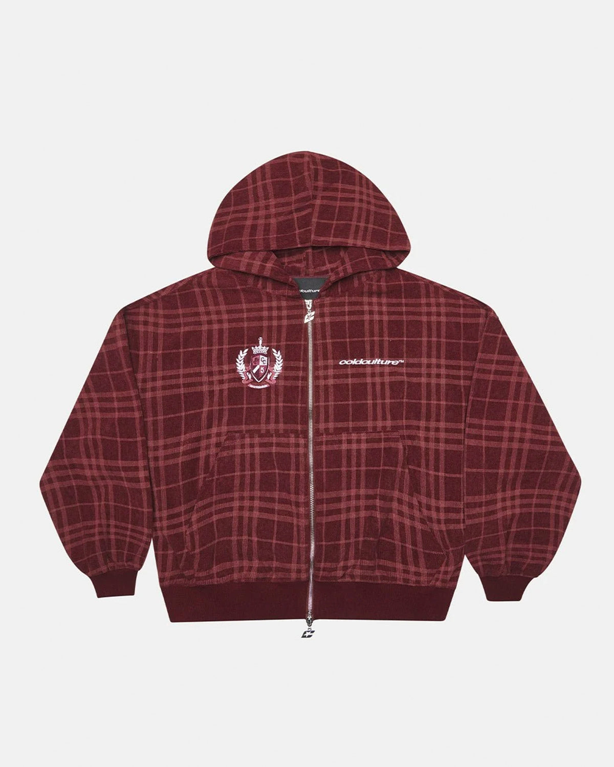 POSH ZIP HOODIE BURGUNDY - burgundy plaid zip-up hoodie, front view - Cold Culture #packshot