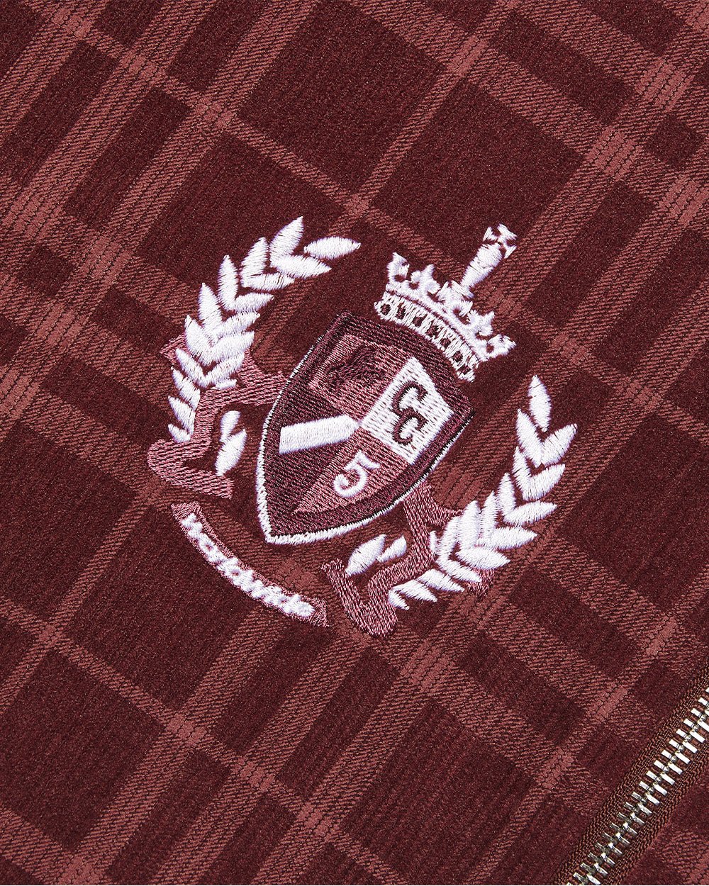 POSH ZIP HOODIE BURGUNDY - burgundy plaid zip-up hoodie, detail close-up - Cold Culture