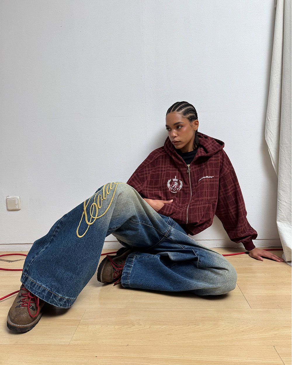 POSH ZIP HOODIE BURGUNDY - burgundy plaid zip-up hoodie, front view on female model - Cold Culture #woman