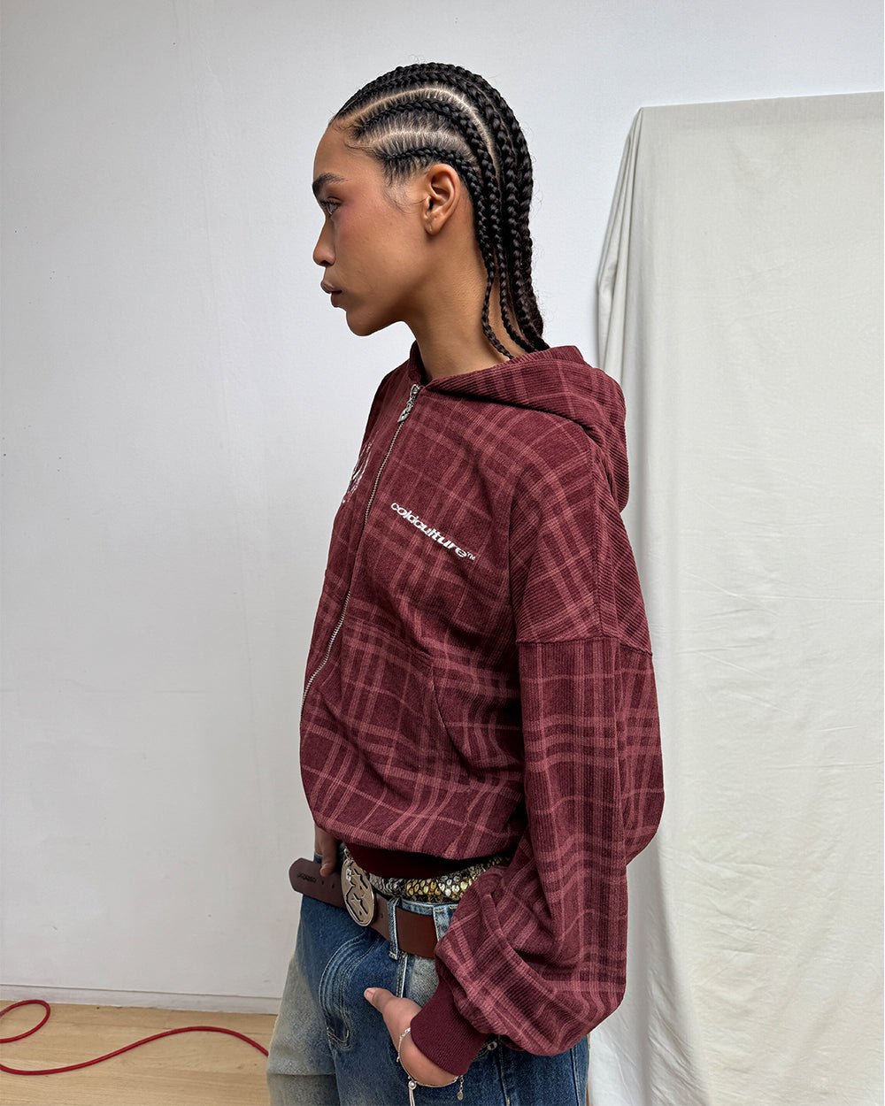 POSH ZIP HOODIE BURGUNDY - burgundy plaid zip-up hoodie, side view - Cold Culture #woman