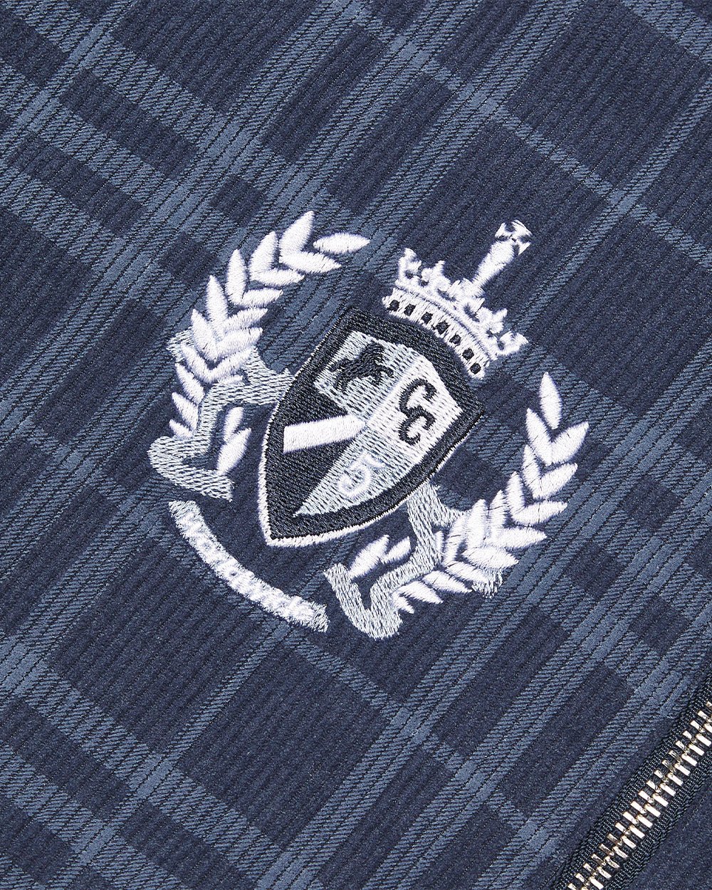 POSH ZIP HOODIE NAVY - navy plaid zip-up hoodie, detail close-up - Cold Culture