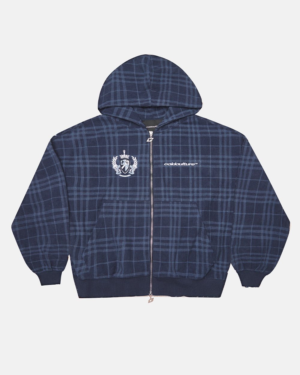 POSH ZIP HOODIE NAVY - navy plaid zip-up hoodie, front view - Cold Culture #packshot