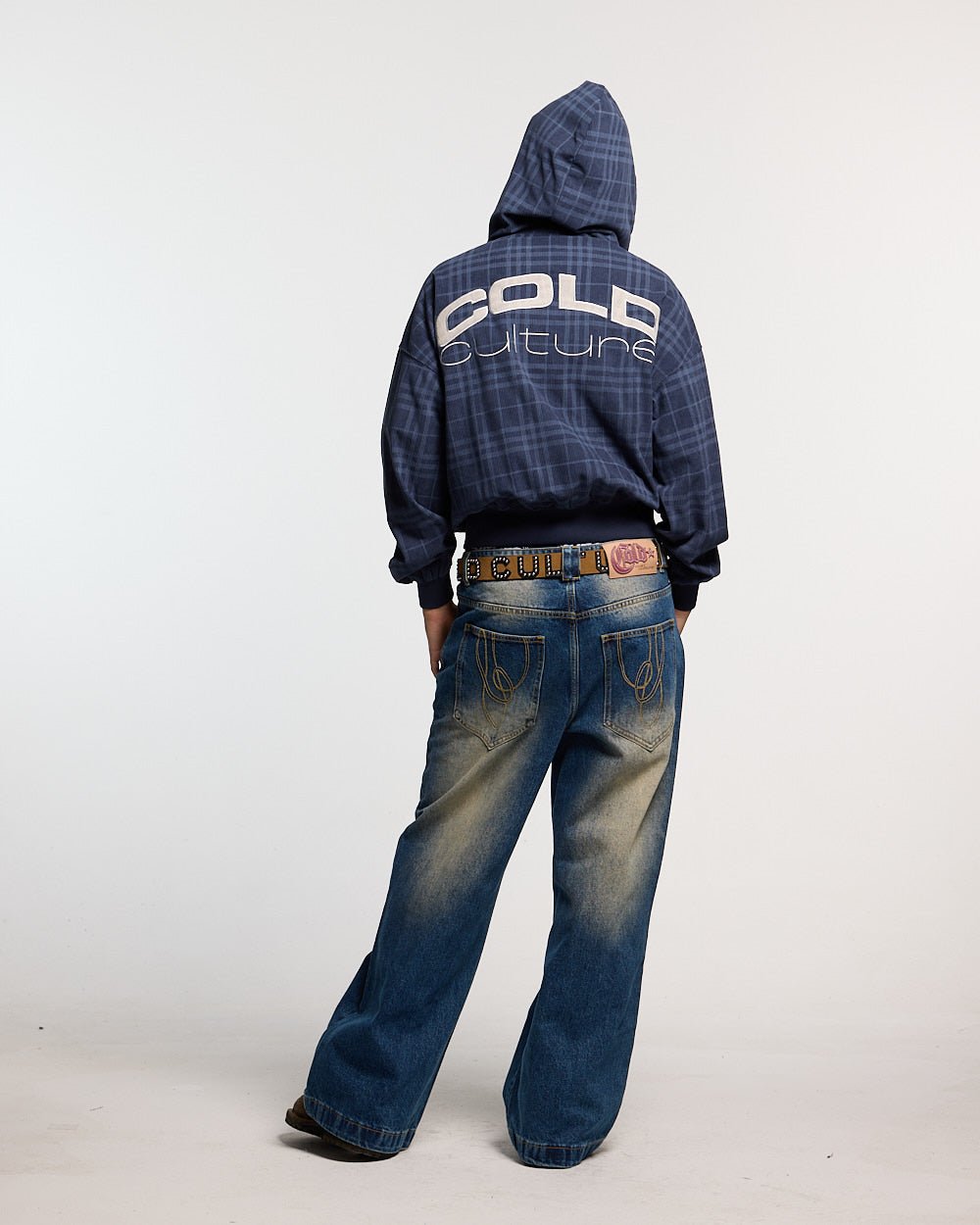 POSH ZIP HOODIE NAVY - navy plaid zip-up hoodie, back view on female model - Cold Culture #woman