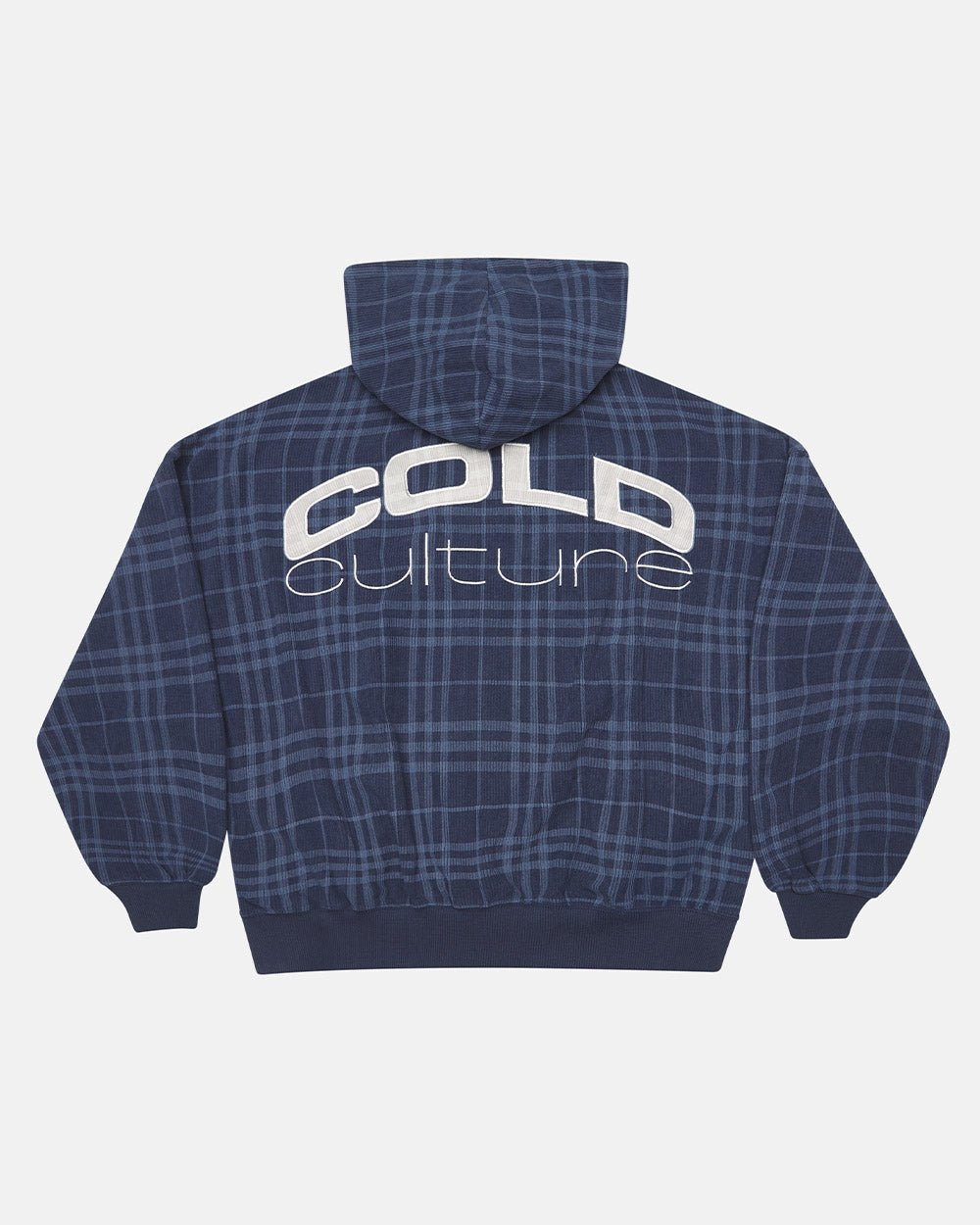 POSH ZIP HOODIE NAVY - navy plaid zip-up hoodie, back view - Cold Culture #packshot