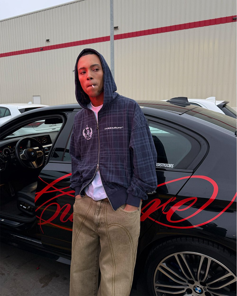 POSH ZIP HOODIE NAVY - navy plaid zip-up hoodie, street style shot - Cold Culture