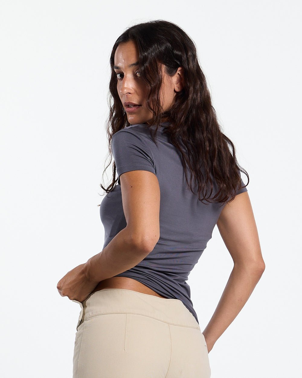 POSTAL BABY TEE GREY - grey graphic print baby tee, back view on female model - Cold Culture #woman