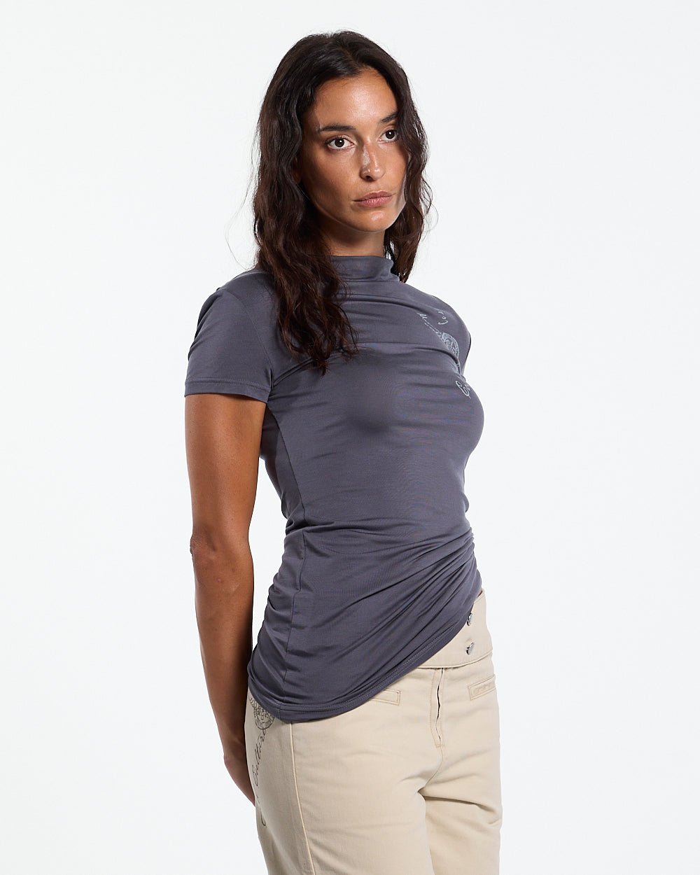 POSTAL BABY TEE GREY - grey graphic print baby tee, front view on female model - Cold Culture #woman