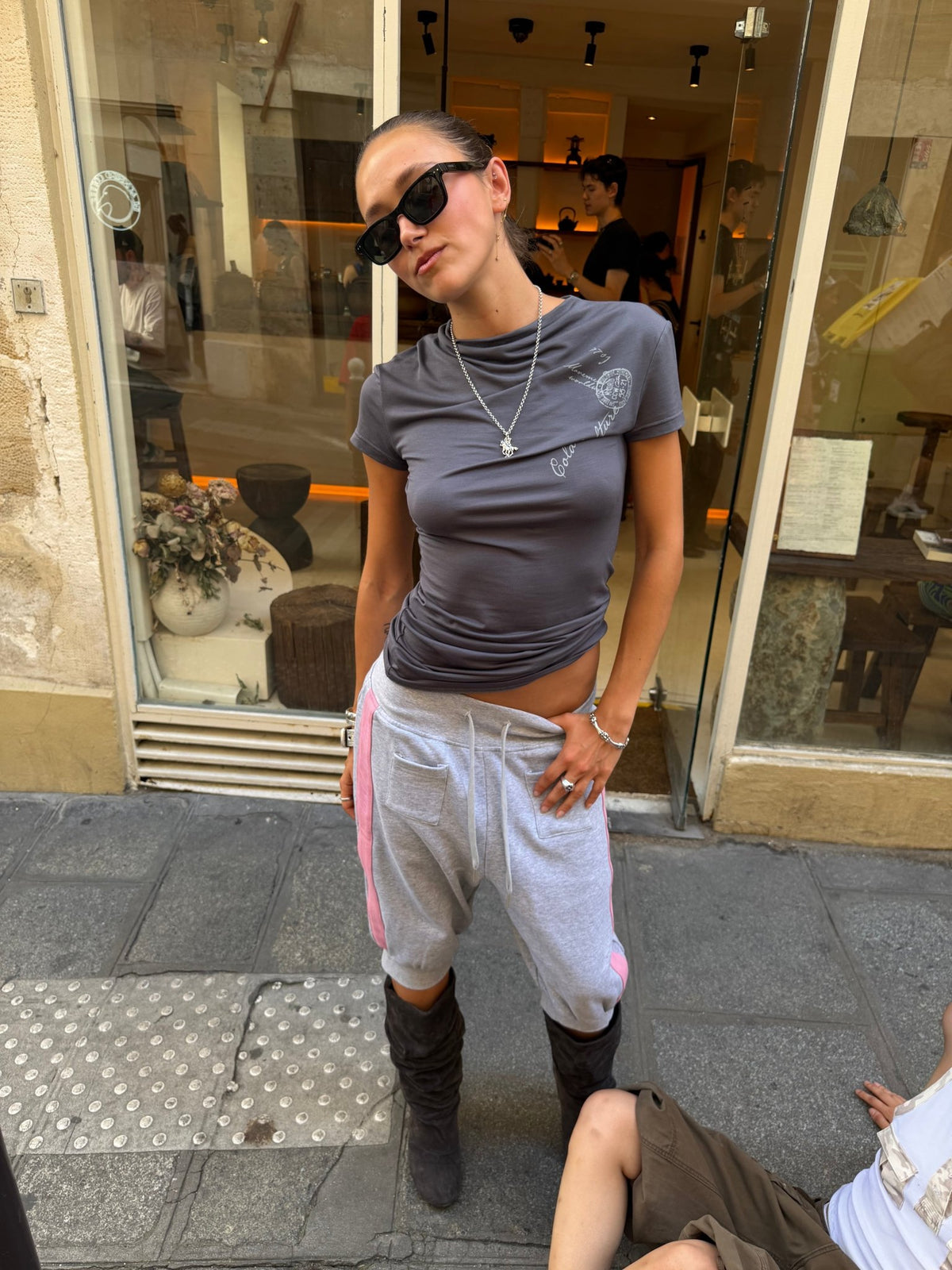 POSTAL BABY TEE GREY - grey graphic print baby tee, street style shot - Cold Culture #woman