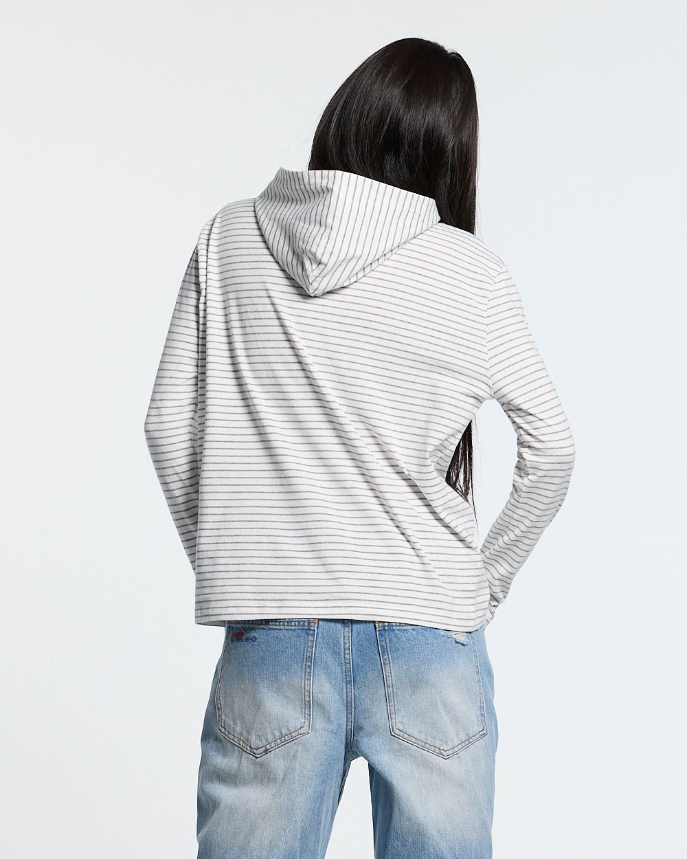 POSTAL HOODED LONGSLEEVE WHITE - white striped hooded longsleeve tee, back view on female model - Cold Culture #woman