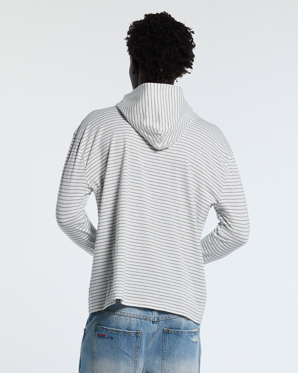 POSTAL HOODED LONGSLEEVE WHITE - white striped hooded longsleeve tee, back view on male model - Cold Culture