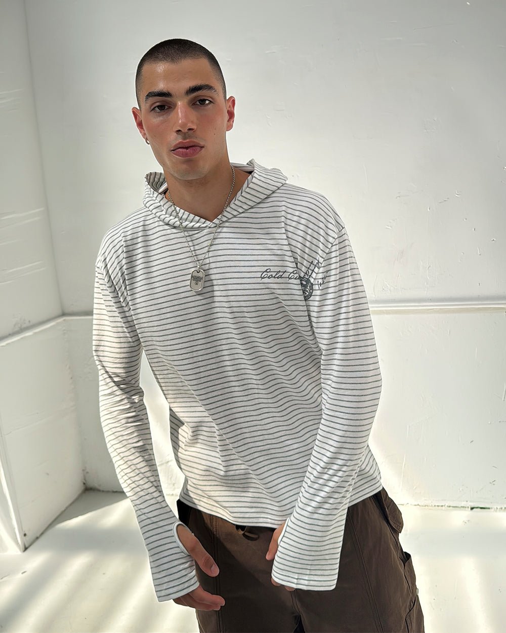 POSTAL HOODED LONGSLEEVE WHITE - white striped hooded longsleeve tee, front view on male model - Cold Culture