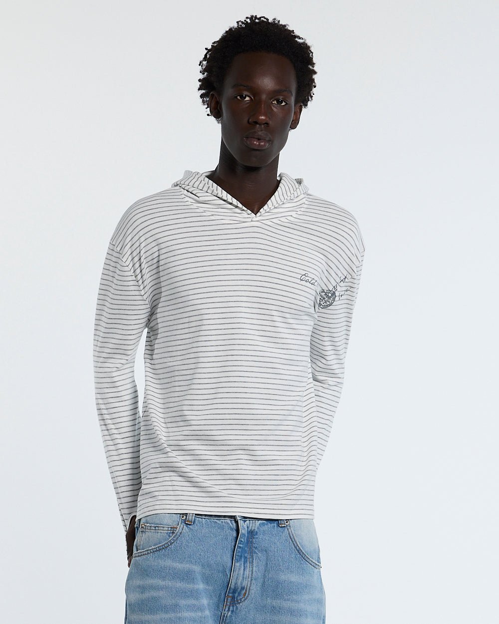 POSTAL HOODED LONGSLEEVE WHITE - white striped hooded longsleeve tee, front view on male model - Cold Culture #man
