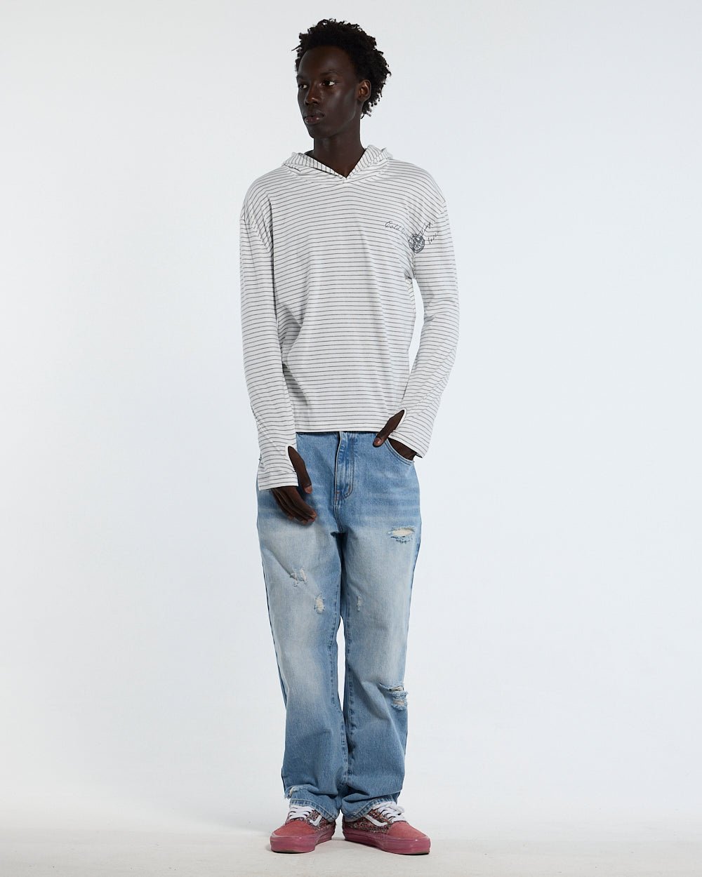 POSTAL HOODED LONGSLEEVE WHITE - white striped hooded longsleeve tee, front view on male model - Cold Culture #man