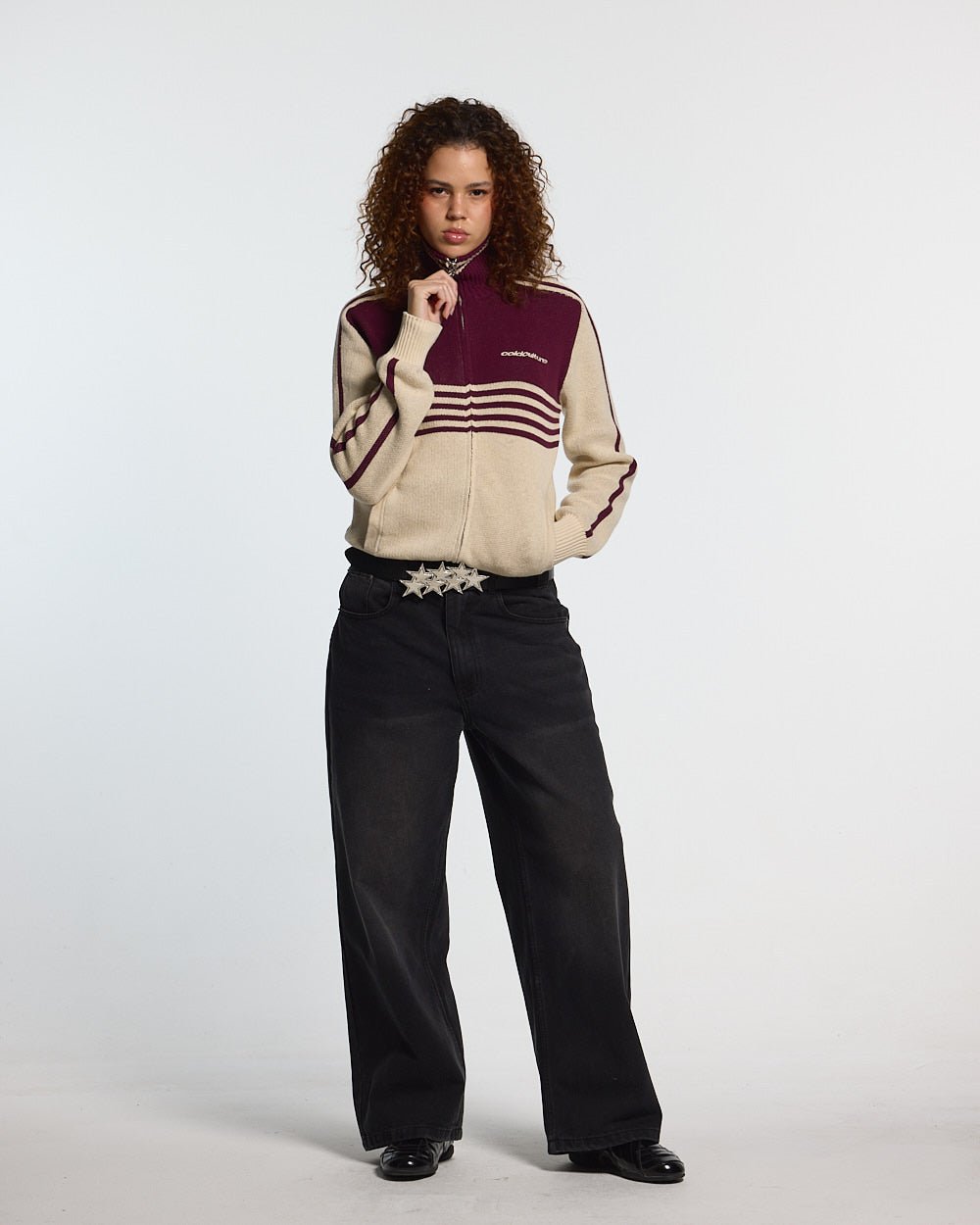 POWERLINE ZIP KNIT BEIGE & BURGUNDY - beige and burgundy striped knit sweater, front view on female model - Cold Culture #woman