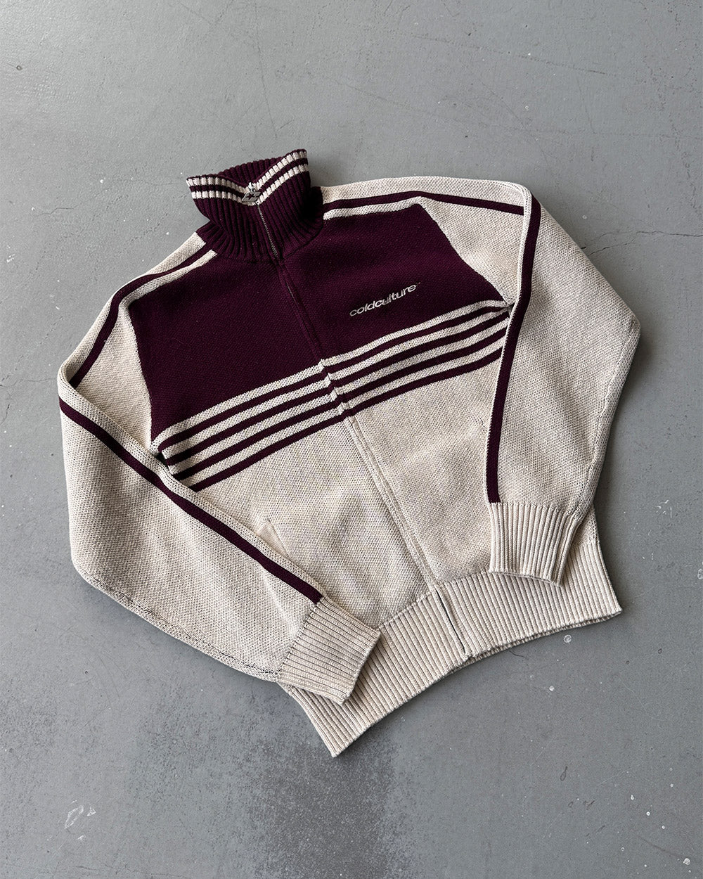POWERLINE ZIP KNIT BEIGE & BURGUNDY - beige and burgundy striped knit sweater, flat lay - Cold Culture