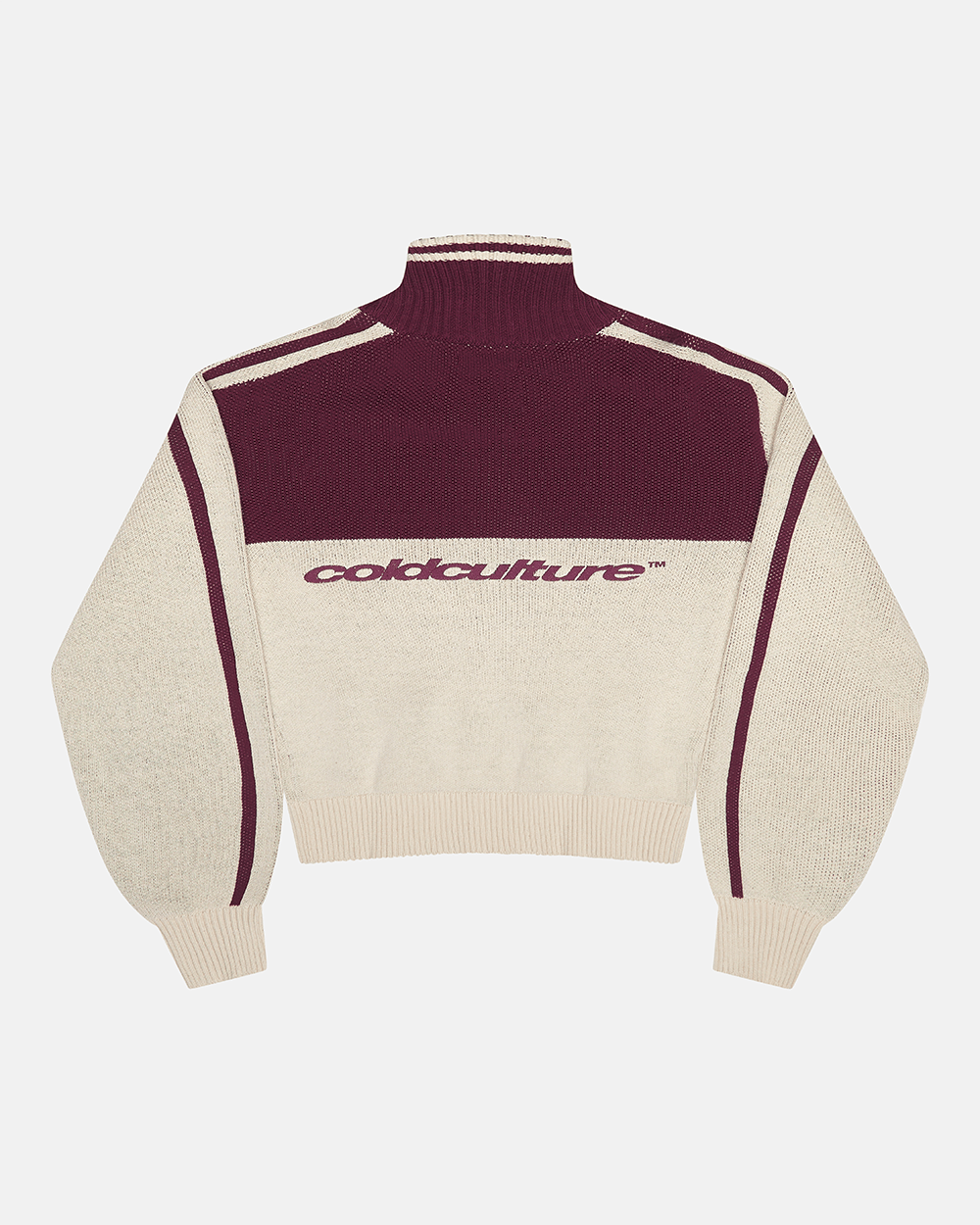 POWERLINE ZIP KNIT BEIGE & BURGUNDY - beige and burgundy striped knit sweater, back view - Cold Culture #packshot