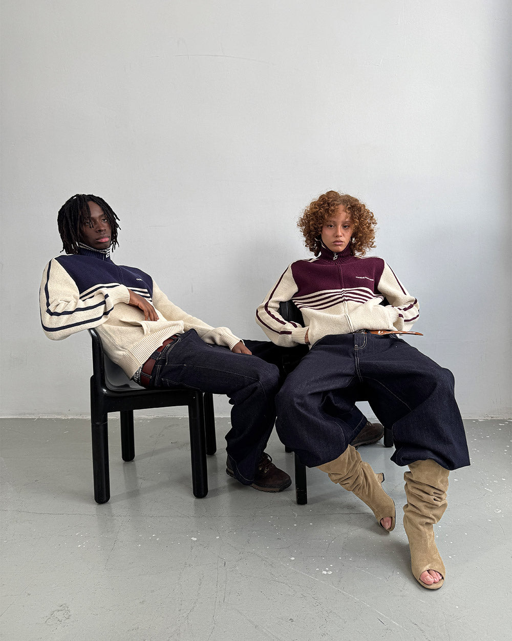 POWERLINE ZIP KNIT BEIGE & BURGUNDY - beige and burgundy striped knit sweater, front view on female model - Cold Culture #woman
