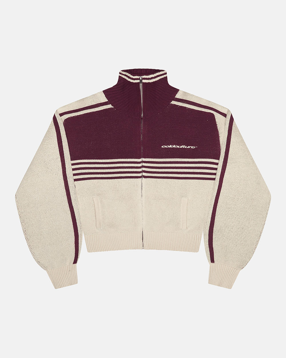 POWERLINE ZIP KNIT BEIGE & BURGUNDY - beige and burgundy striped knit sweater, front view - Cold Culture #packshot