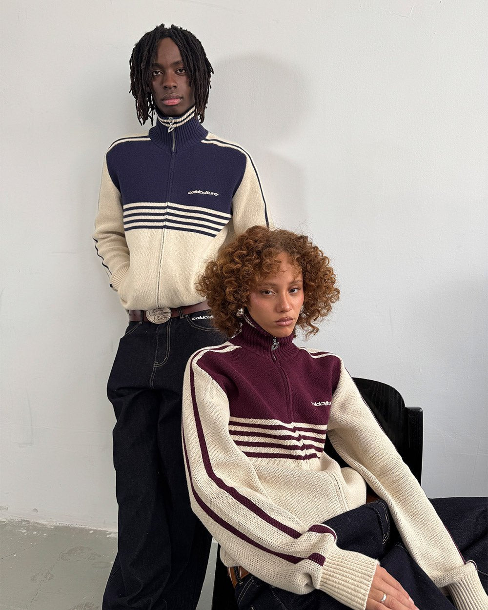 POWERLINE ZIP KNIT BEIGE & DARK BLUE - beige and dark blue striped knit sweater, front view on male model - Cold Culture
