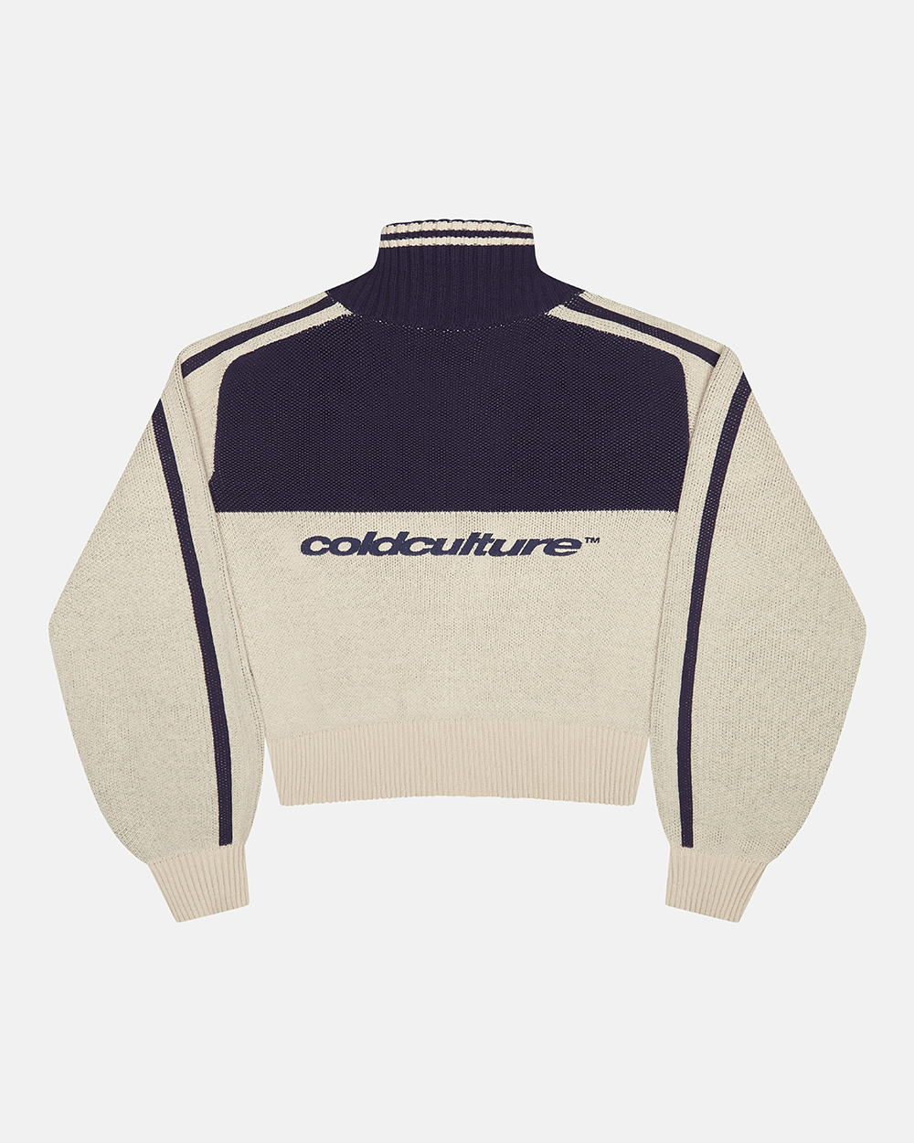 POWERLINE ZIP KNIT BEIGE & DARK BLUE - beige and dark blue striped knit sweater, back view - Cold Culture #packshot