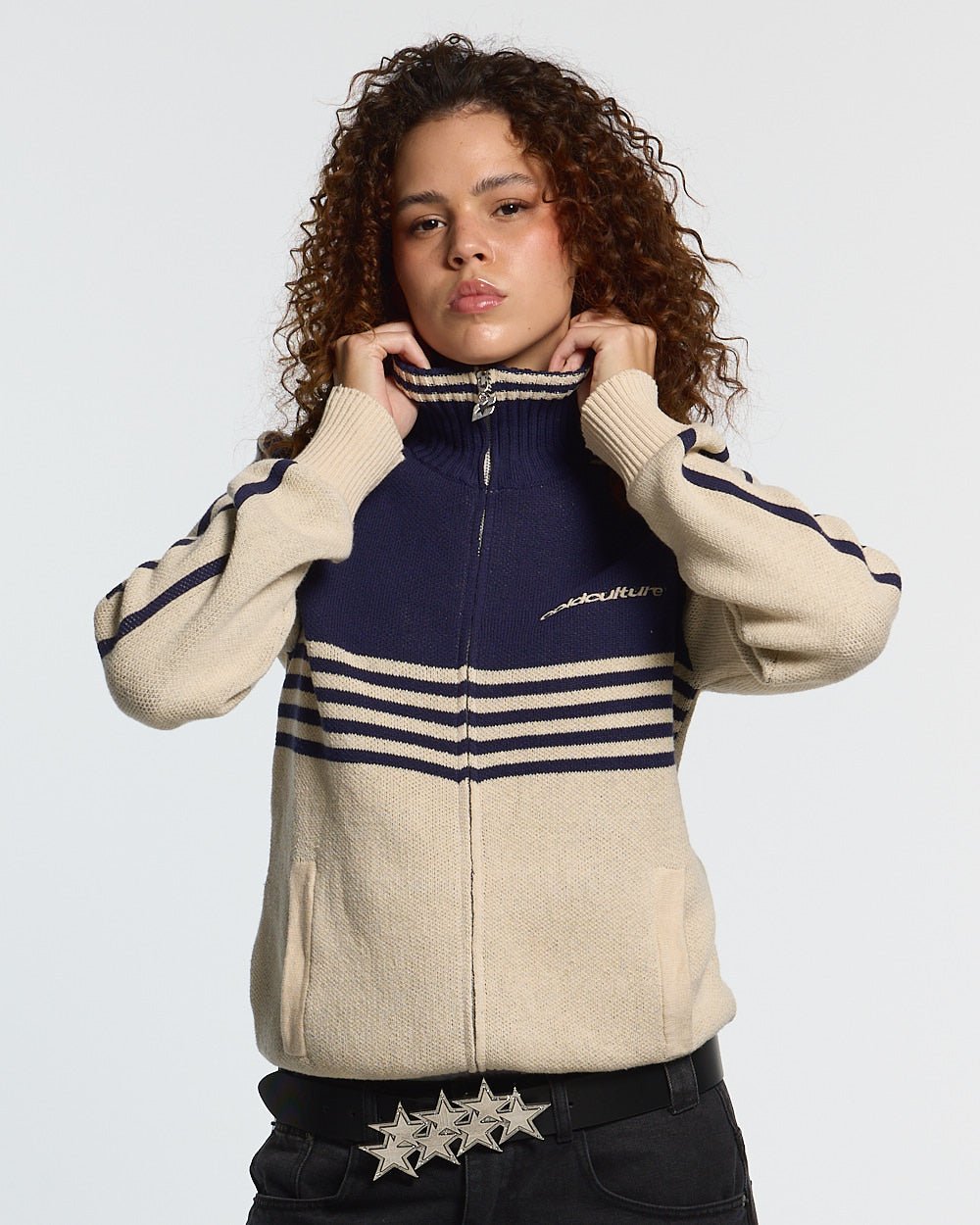 POWERLINE ZIP KNIT BEIGE & DARK BLUE - beige and dark blue striped knit sweater, front view on female model - Cold Culture #woman