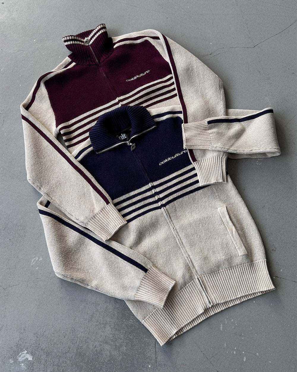 POWERLINE ZIP KNIT BEIGE & DARK BLUE - beige and dark blue striped knit sweater, flat lay with matching pieces - Cold Culture