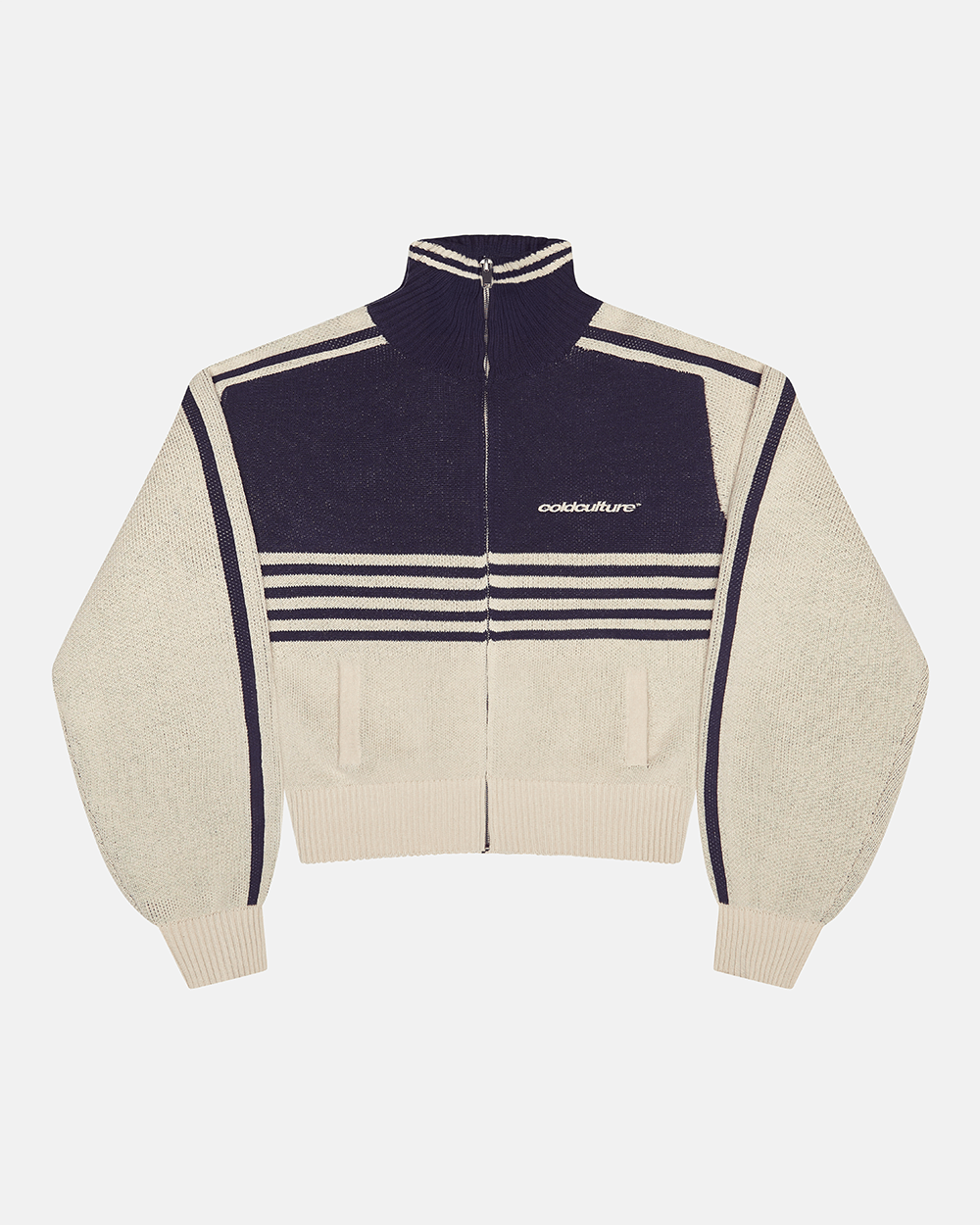 POWERLINE ZIP KNIT BEIGE & DARK BLUE - beige and dark blue striped knit sweater, front view - Cold Culture #packshot