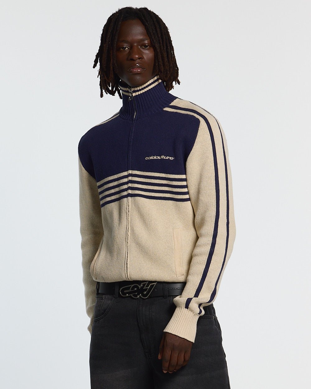 POWERLINE ZIP KNIT BEIGE & DARK BLUE - beige and dark blue striped knit sweater, front view on male model - Cold Culture #man