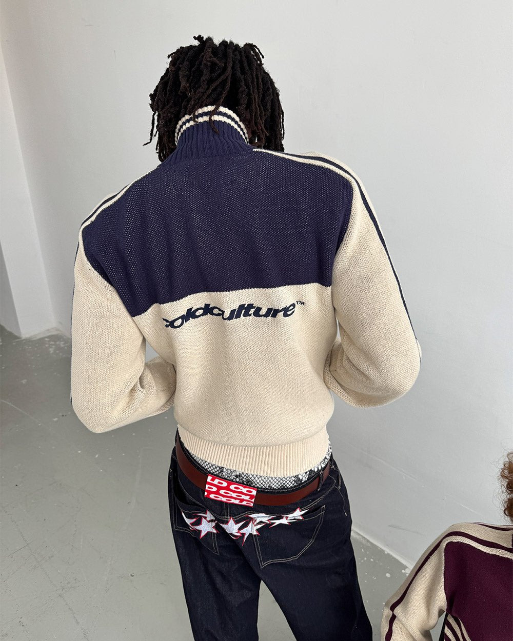 POWERLINE ZIP KNIT BEIGE & DARK BLUE - beige and dark blue striped knit sweater, back view on male model - Cold Culture