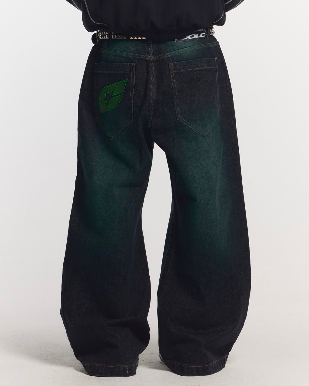 PRECIOUS V3 PANTS BLACK & GREEN - black and green denim pants, back view on male model - Cold Culture