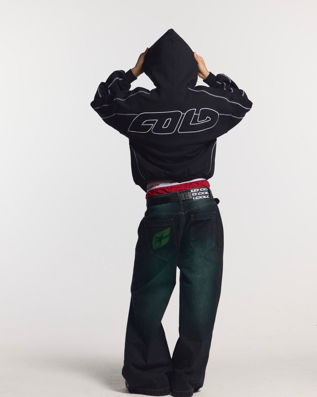 PRECIOUS V3 PANTS BLACK & GREEN - black and green denim pants, back view on female model - Cold Culture #woman