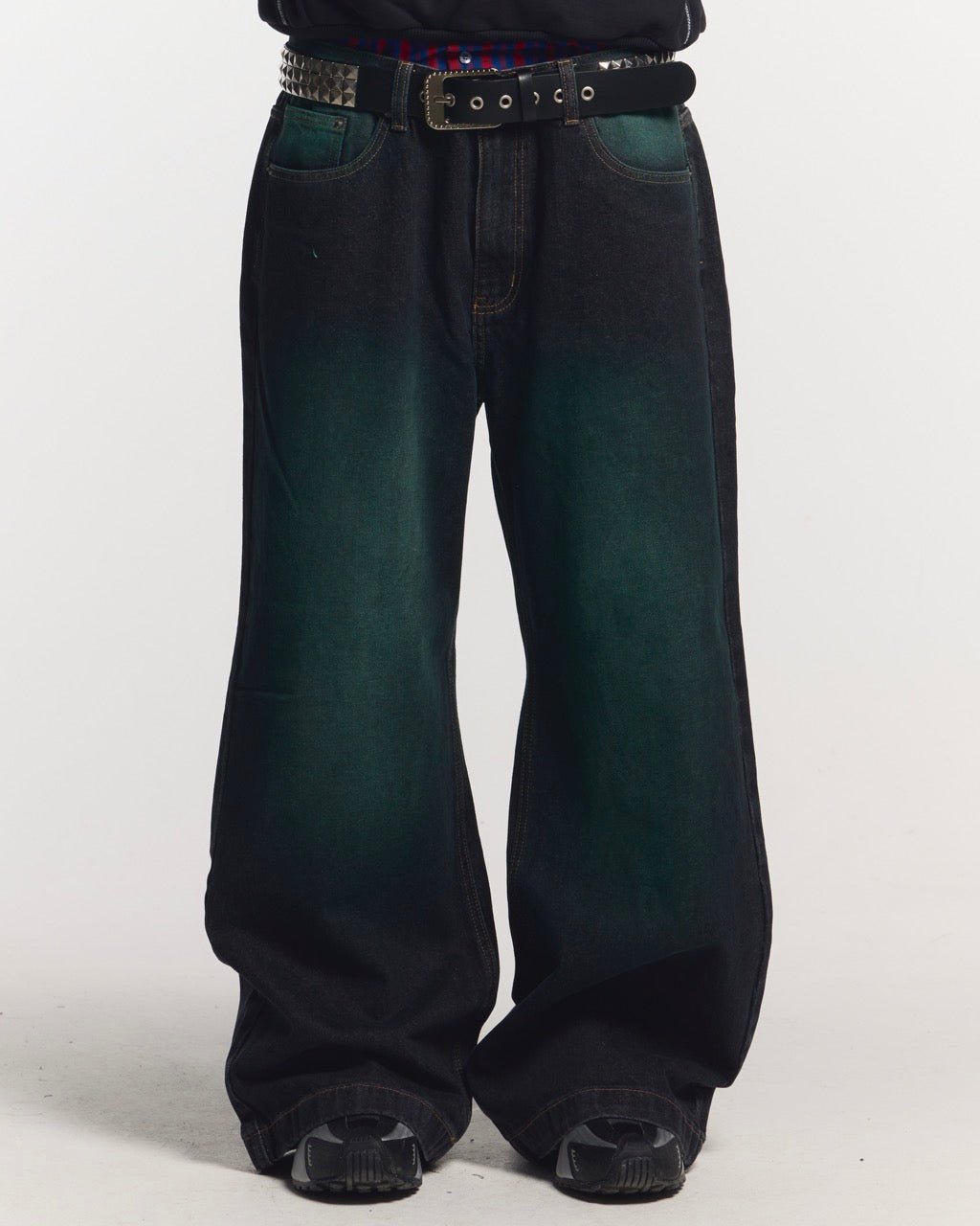 PRECIOUS V3 PANTS BLACK & GREEN - black and green denim pants, front view on male model - Cold Culture